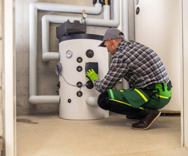 Techniker prüft die Heizungsanlage im Heizraum