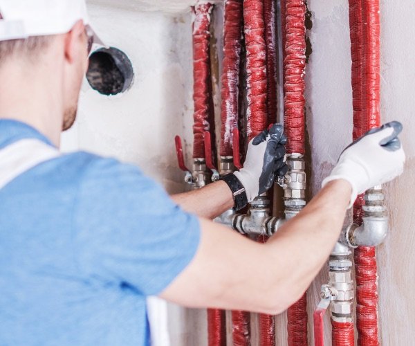 Installateur montiert neue Wasserleitungen an der Wand