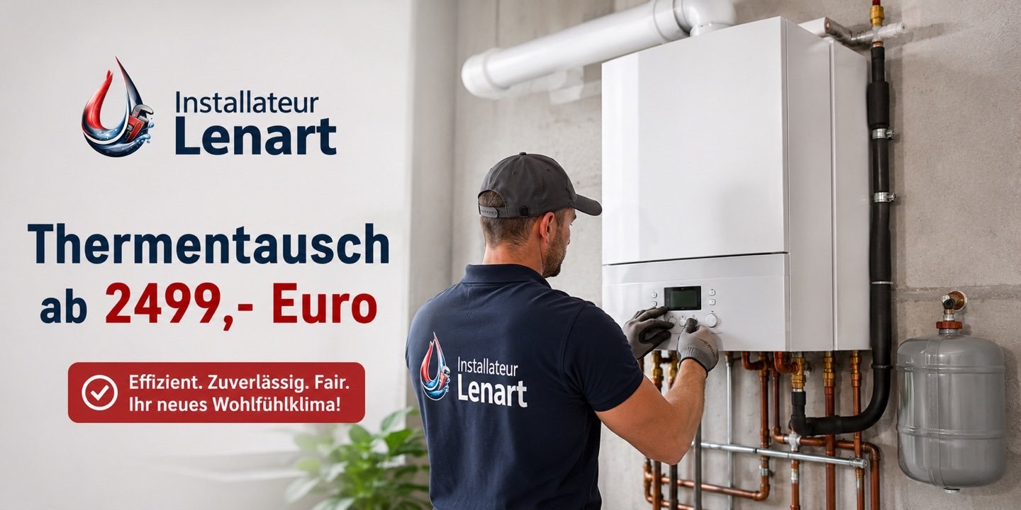 Thermentausch ab 2499 Euro – Monteur von Installateur Lenart beim Gasthermentausch: neue Brennwerttherme wird montiert